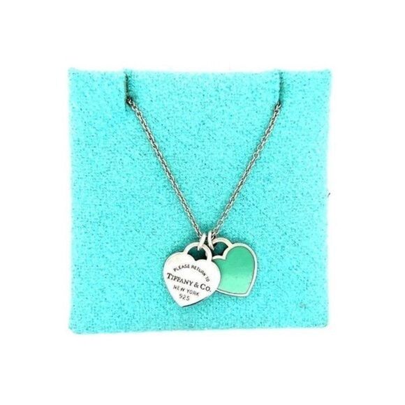T&Co. 925 Mini Teal Double Heart Necklace - Picture 1 of 8